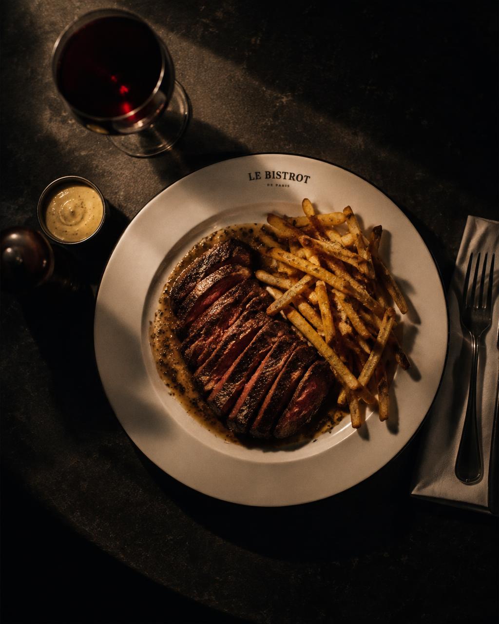 Steak frites with bordelaise and red wine