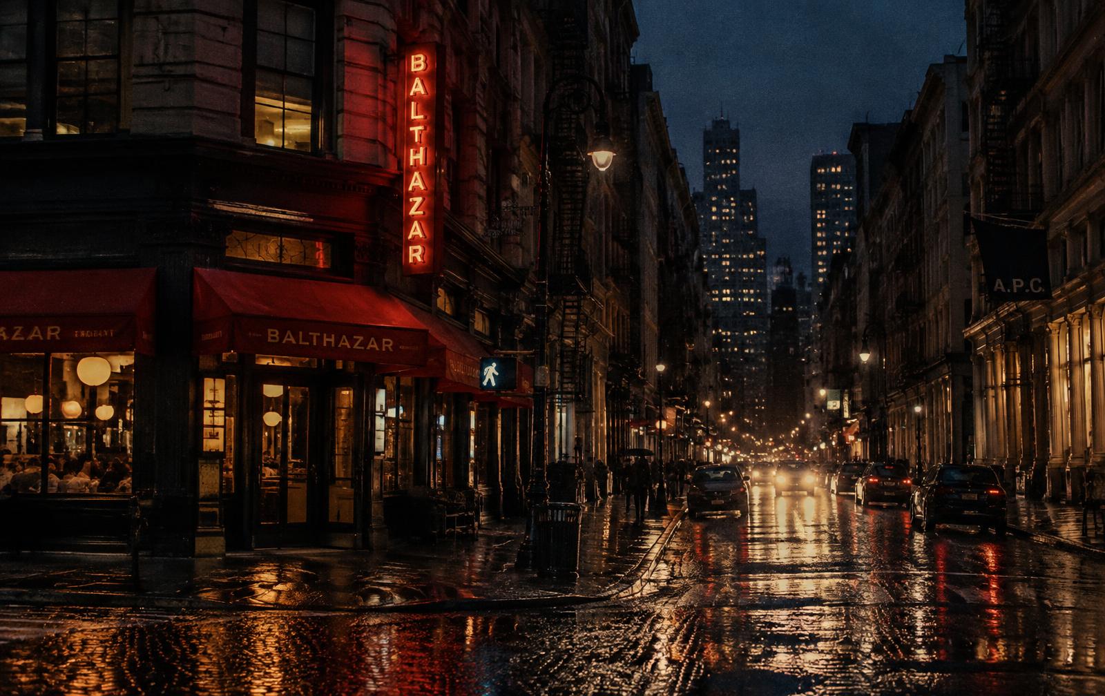 Tribeca street corner at night with a glowing neon restaurant sign